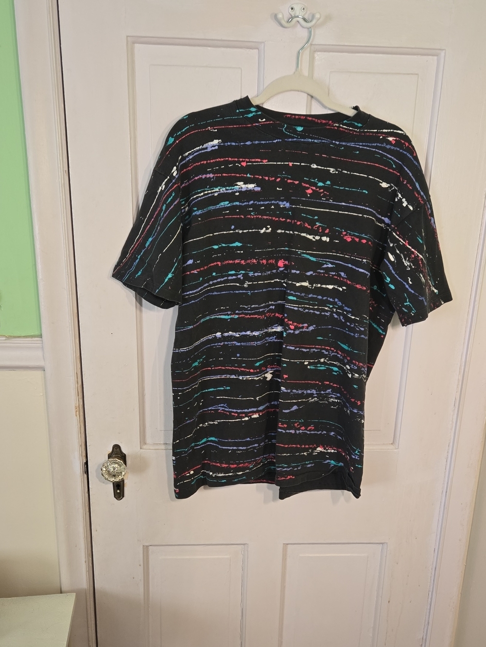 Men's Vintage Hanes Black Tee with Multicolor Paint Stripe Design XL